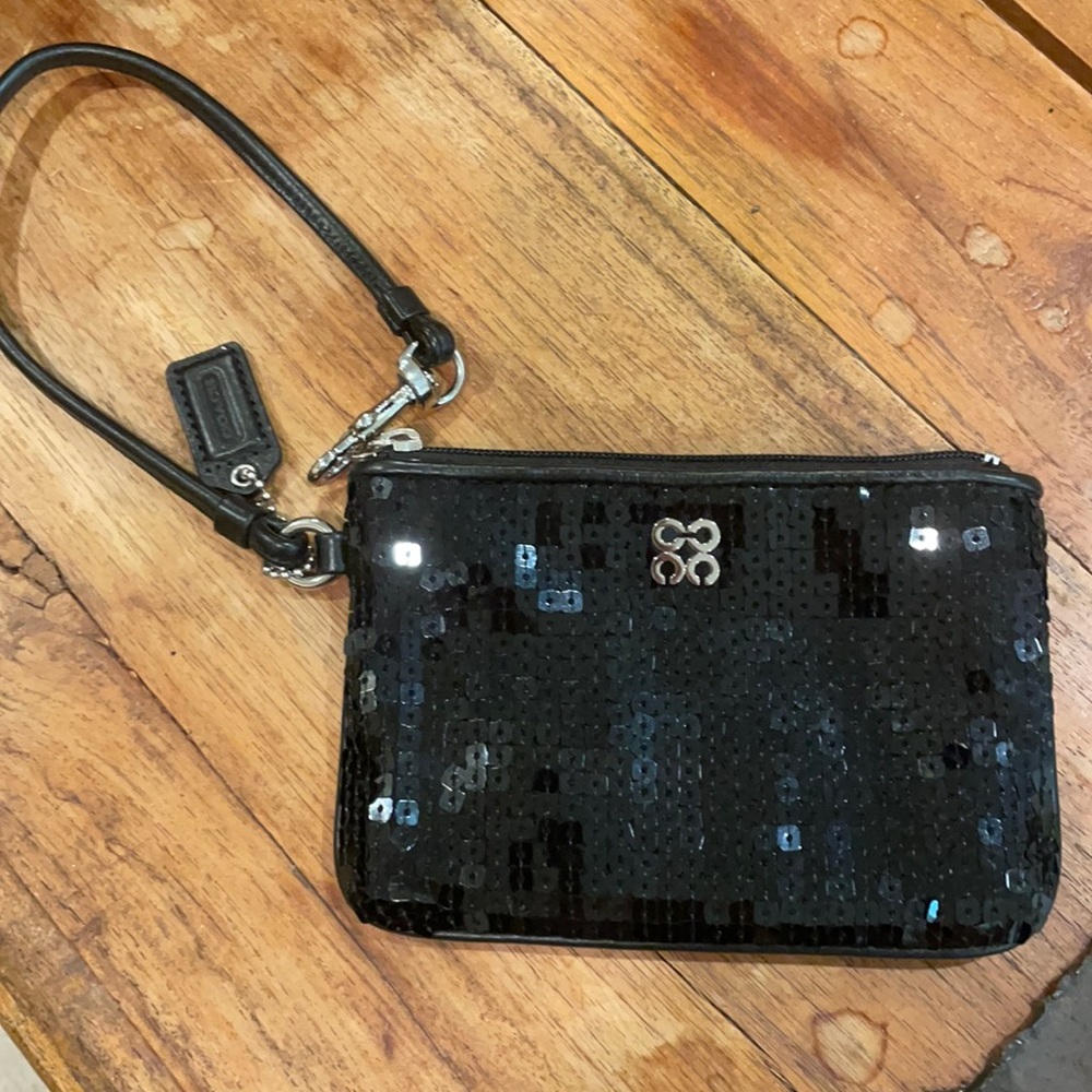 Small black sequined coach wristlet/wallet